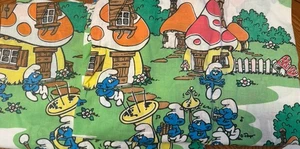 Vintage 1980er Die Schlümpfe Laken Set Flach und Spannbettlaken Mushroom House USA  - Bild 1 von 4