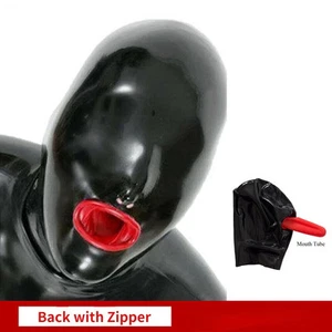 Sexy Latex Hood with Inner Red Mouth Condom Back Zipper Open Nose Rubber Mask M - Picture 1 of 7