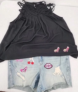 Torrid Women's Plus Size 18 Cut Off Jean Shorts & Tank Patches Upcycled Custom - Picture 1 of 23
