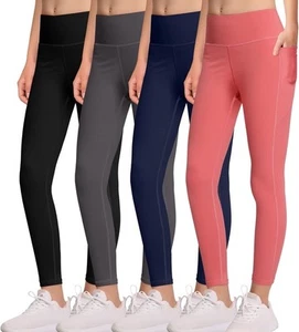 BHRIWRPY 4-Pack Girls Yoga Leggings with 2 Pockets Kids Active Workout Pants - Picture 1 of 5