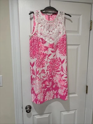 *Lilly Pulitzer Caliente Pink White Floral Nala Lace Trimmed Shift Dress Sz 4 - Image 1 of 4