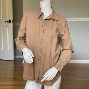 Ann Taylor Women’s Button Down Shirt Long Sleeve Top L Tan Stretch Cotton Blend - Picture 1 of 10