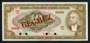 Turkey 1930 ( 1948 ), Specimen 10 Lira, P148s, GEM UNC - Picture 1 of 2