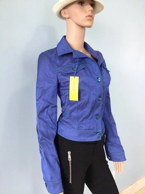 Jaqueta jeans Versace azul autêntica costura contraste tamanho 4 US$ 565 nova com etiquetas - Imagem 1 de 4