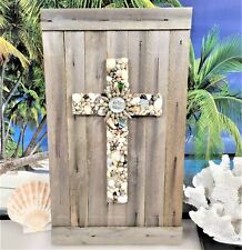LARGER NATURAL SEA SHELL CROSS ON LIGHT WEIGHT RECLAIMED UP-CYCLED WOODEN PLAQUE