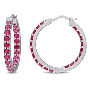 Amour Sterling Silver 3 1/5 CT TGW Created Ruby Inside Outside Hoop Earrings - Picture 1 of 4