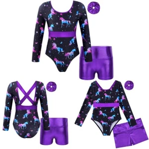Kids Girl's Bodysuit Cross Back Leotard With Shorts Printed Dance Outfit Stage - Picture 1 of 23