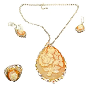 Edelsteine En Vogue II Schmuckset italienische Muschel Kamee Blume Halskette Ohrringe Ring - Bild 1 von 23