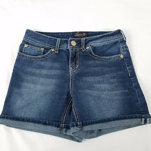 Seven 7 Damen Jeansshorts Gr. 4 dicke Nähte bestickt verwaschen Bündchen dunkle Waschung - Bild 1 von 10