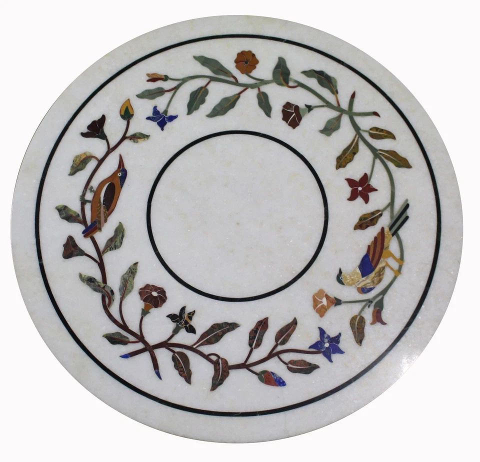 18" White Marble Coffee Semi Precious Stones Inlay Floral Art Handmade Table Top - Image 1 of 1