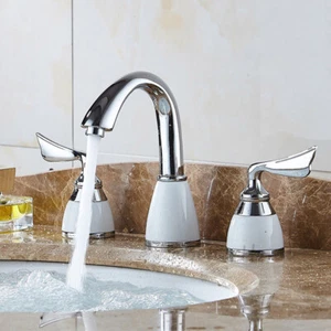 Widespread 3 Holes Chrome Bathroom Sink Faucet Double Handle Basin Tap Hot Cold - Picture 1 of 4