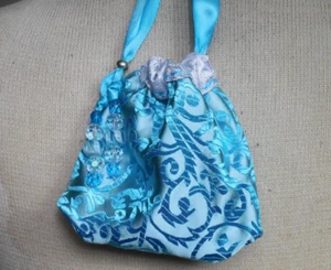 Reversible Silver & Turquoise Blue Brocade Drawstring Bag Purse Lampwork Beads - Picture 1 of 8