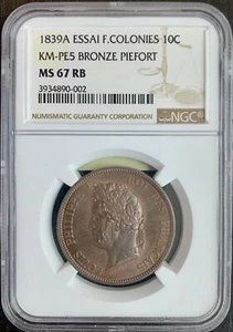 Guadeloupe - Louis Philippe - 10 Cent Sample Piefort 1839 - NGC Ms 67 RB - Picture 1 of 3