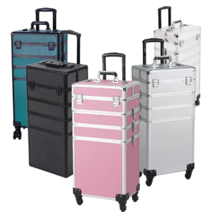 Aluminum 4 in 1 Rolling Makeup Case Train Salon Cosmetic Trolley Organizer Box - Picture 1 of 31
