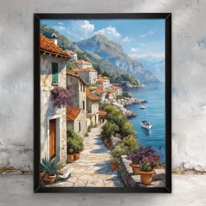 Mittelmeer Küste Dorf Kunstdruck Meer Landschaft Gemälde Meereslandschaft Kunst - Bild 1 von 11