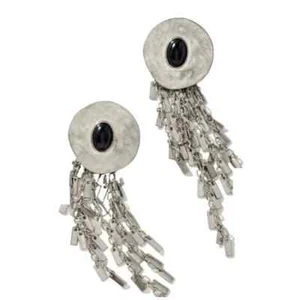 Anthropologie Stone Fringe Drop Earrings Hammered Silver Tone Black Stone - Picture 1 of 4