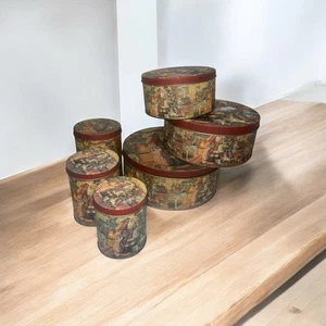 Set Of 6 Vintage Tins Christmas Themed Stack Within Themselves Cylinder & Round - Picture 1 of 9