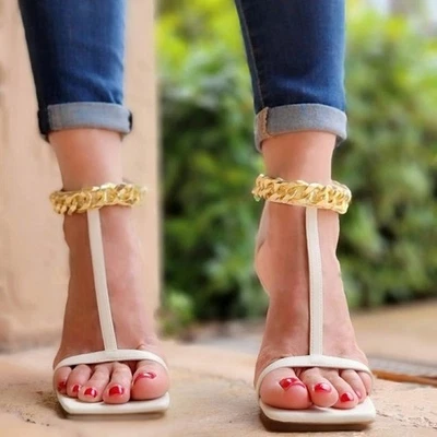 White T Strap Open Toe Ankle Chain Heel - Image 1 of 4