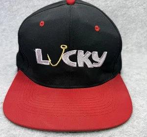 Lucky Fishing Hat Red Black One Size Snapback Fishing Hook Vintage KC Caps - Picture 1 of 9