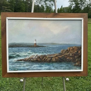 Vintage signiertes Ölgemälde stimmungsvolle Küste Maritim Kunst Leuchtturm Ozean Meereslandschaft - Bild 1 von 23