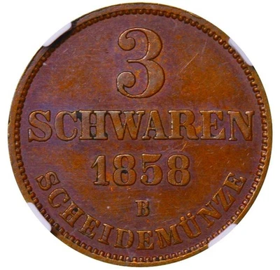 1858 Grand Duchy Of Oldenburg Peter II 3 Schwaren Copper NGC MS 62 BN Top PoP - Image 1 of 3