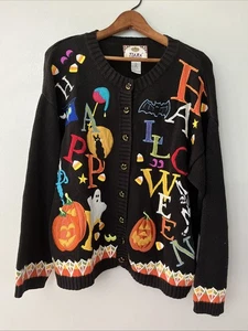 Vintage Tiara Sweater Women's Large Black Halloween Pumpkin Cat Bat Embroidered - Picture 1 of 7