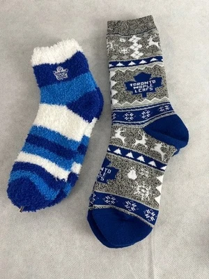 Toronto Maple Leafs Ugly Christmas Sweater Crew & Qtr Fuzzy Medium Socks 2 Pairs - Image 1 of 2