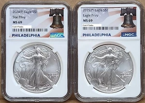 Conjunto De 2 Monedas 2024 Y 2025 P Águila De Plata Con Privy NGC MS69 Philly - Imagen 1 de 4