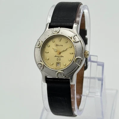 Vintage 1994 Women's BULOVA Marine Star Two-Tone Watch, Black Leather, Date Runs - Image 1 of 4