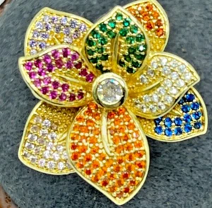 Ring goldfarben Blume mehrfarbig Kristalle orange lila grün blau klar - Bild 1 von 11