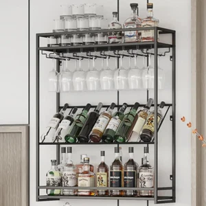 Wall Mounted Wine Rack 3 Tier, Metal Bar Liquor Shelves and Glass Holder,Wall - Picture 1 of 12