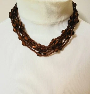 Women's Necklace Seed Bead Choker Amber Brown Bronze Tone Round Beads 16-18" - Picture 1 of 4
