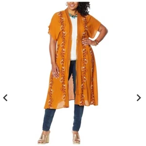 Nuevo con etiquetas Curations Gasa Bordada Caftán, Longitud Pequeña, Talla XL, Color Coñac - Imagen 1 de 15