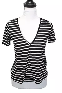 Reformation Black Ivory Stripe Microtencel Top Low V Neck Tee USA Women’s Size S - Picture 1 of 6