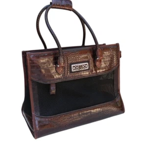 Brighton Brown Black Croc Embossed Leather Mesh Pet Carrier Tote Bag - Picture 1 of 11