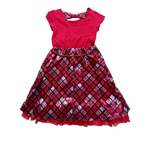 JUSTICE RED PLAID SEQUIN DRESS SHORT SLEEVES WITH TULLE SKIRT GLITTER BELT 10 - Picture 1 of 3