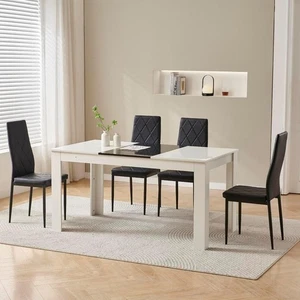 White Dining Table & 4 Black Leather Chairs | Space-Saving Modern Set - Picture 1 of 12