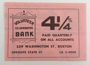 "Volunteer Co-Operative Bank" 209 Washington St. Boston MA (Sm. Printanzeige) 1964 - Bild 1 von 3