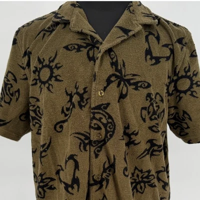 Teddy Fresh Terry Cloth Button Up Shirt Mens Large Black Tribal Graphic - Image 1 of 4