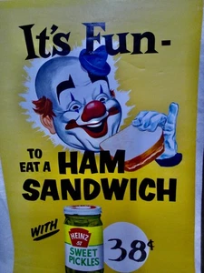Vintage Supermarkt Plakat 1959 ? CLOWN mit Heinz Pickles SPASS Essen ALTES SCHILD - Bild 1 von 3