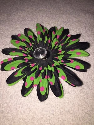 Handmade Lime Green Pink Black Jeweled Flower Hair Clip Accessories Silk Flower - Imagem 1 de 3