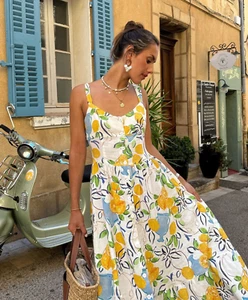 ZARA Linen Blend Lemons Printed Midi Dress Size M Holiday 3611/306 - Picture 1 of 9