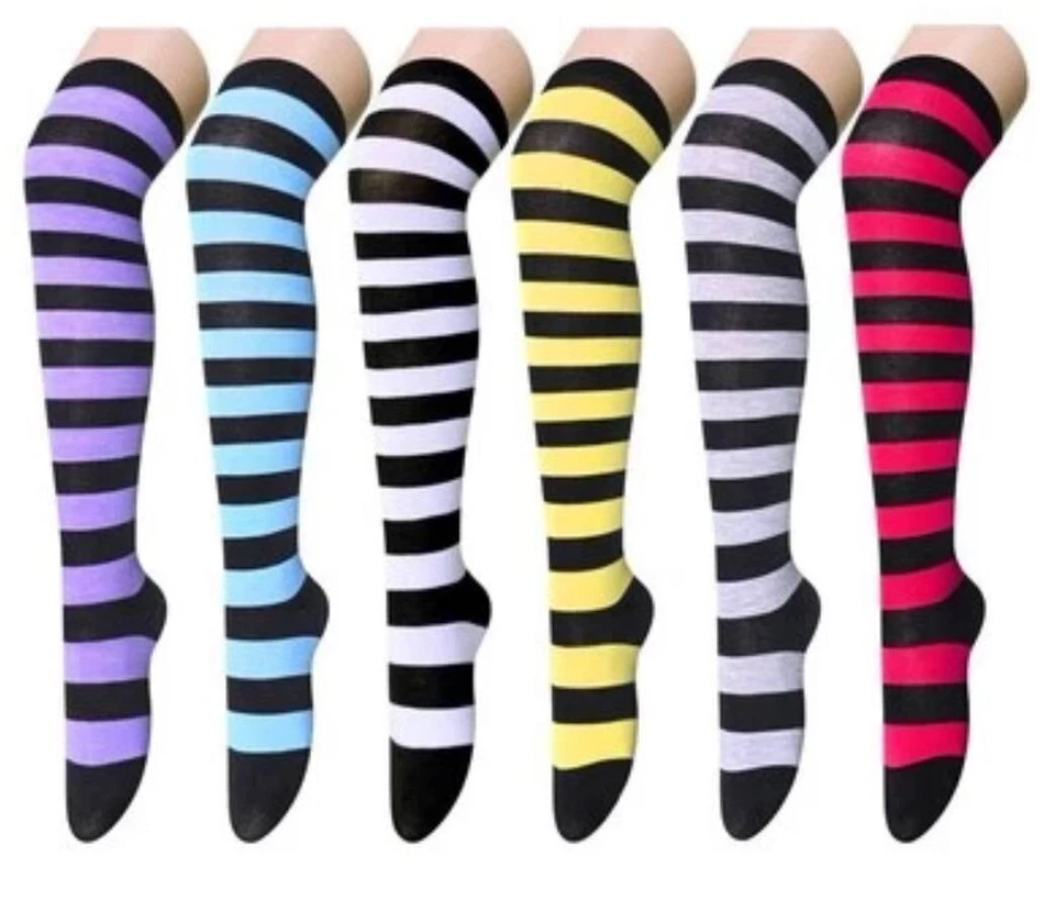 6 Pairs Women Girls Long Socks Striped Over The Knee Thigh High Stocking 9-11 - Image 1 of 1