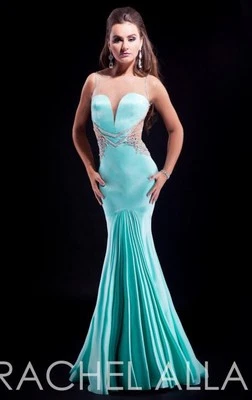 Vestido de satén mate con cuentas de Rachel Allan Couture 8022 azul como nuevo talla 6 *NUEVO CON ETIQUETAS* $738 Foto 1 de 4