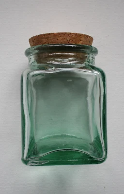 Green Glass Storage Jar With Cork Stopper Lid Square 3” H Aqua Teal - Image 1 of 4