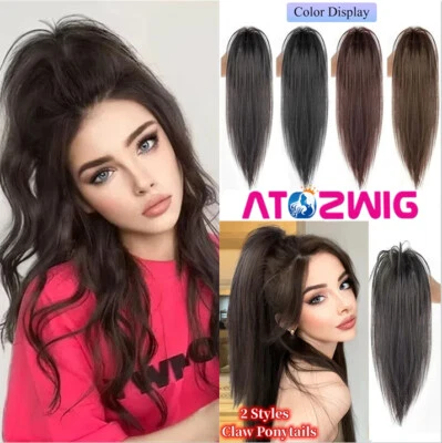 Extensión cola de caballo garra clip largo ondulado rizado liso extensión de cabello sintético  Foto 1 de 4