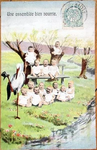 1905 Multiple Baby Postcard: Babies on Bench by Stream, Stork w/Tophat - Picture 1 of 1