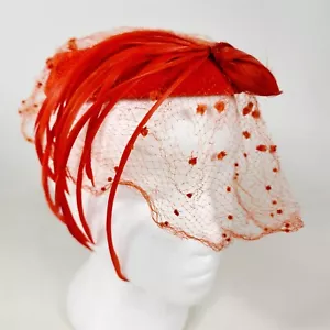 Vintage Orange Feather Fishnet Velvet Ladies Hat - Picture 1 of 6