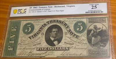 PCGS BANKNOTE VF25 $5 1862 TREASURY NOTE RICHMOND, VIRGINIA - Image 1 of 4