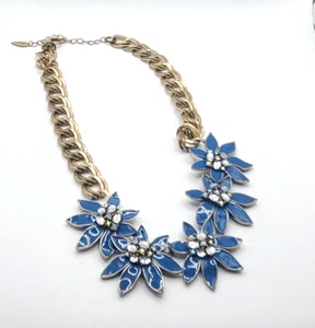 Coldwater Creek Navy Blue Enamel Daisy Flower Rhinestone Brass tone Bib Necklace - Picture 1 of 15